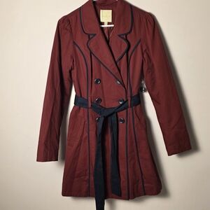 ModCloth Burgundy Trench Coat Belted Jacket Navy Piping Vintage Inspired